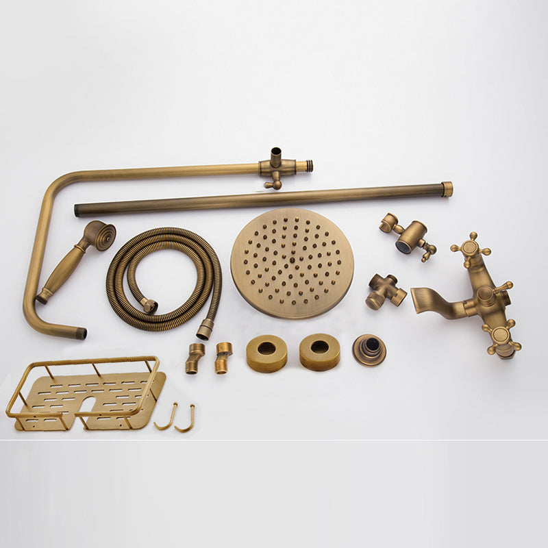 Antique Brass Shower System with Dual Handles and Wall Storage Bracket