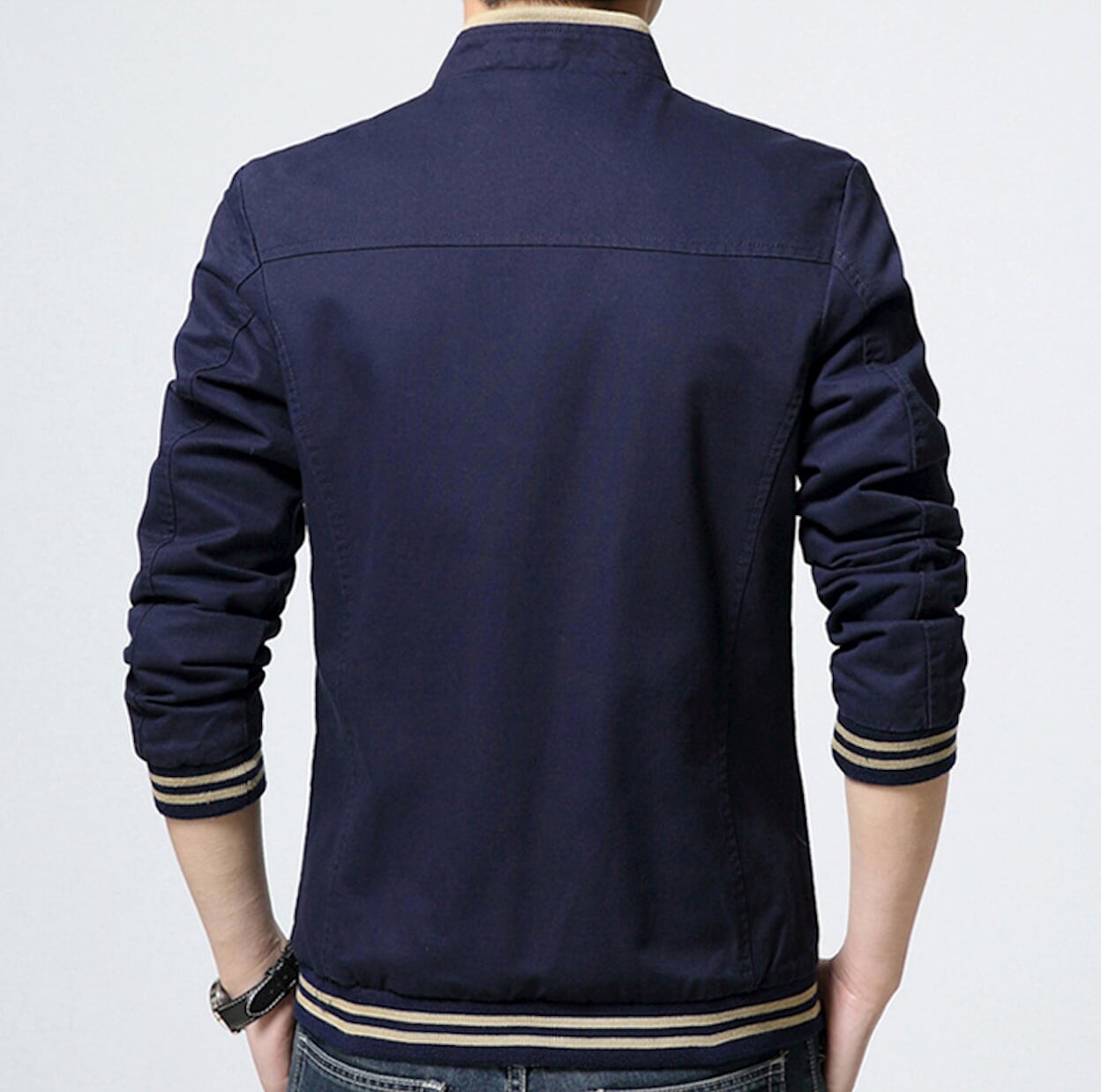Navy Zip-Up Jacket with a Stylish Stand Collar for Men