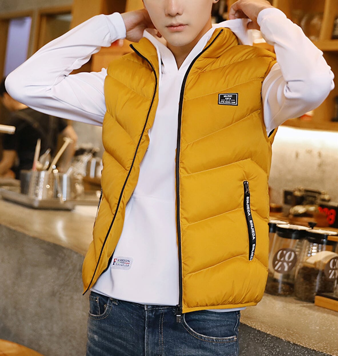 Navy Blue Men's Padded Vest with Tall Neckline