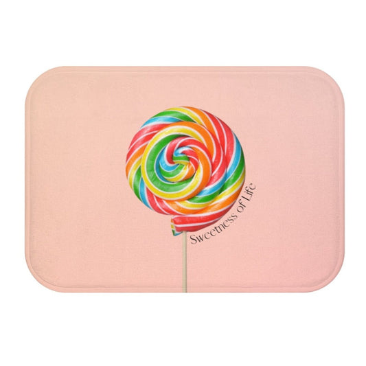Life's Sweetness Lollipop Message Bath Mat: light pink, red rainbow lollipop, cartoon style