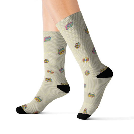 Fun Socks with a Retro Gaming Twist: light beige, black colorful geometric patterned objects, playful patterned style
