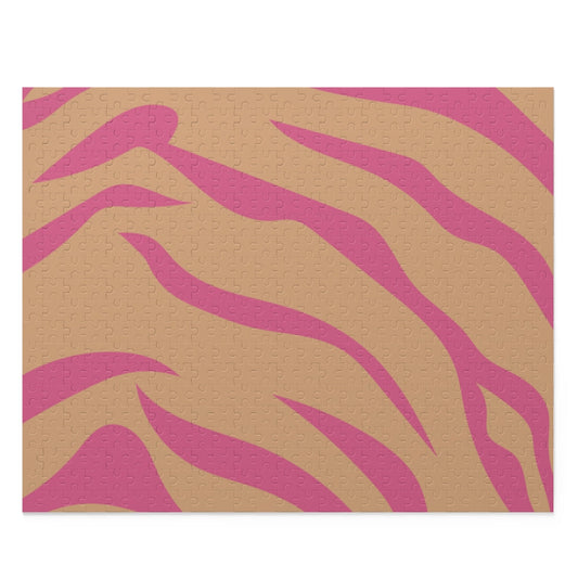 Leopard Print Pink Stripes 500-Piece Jigsaw Puzzle: tan, pink zebra-stripe pattern, bold graphic pattern style