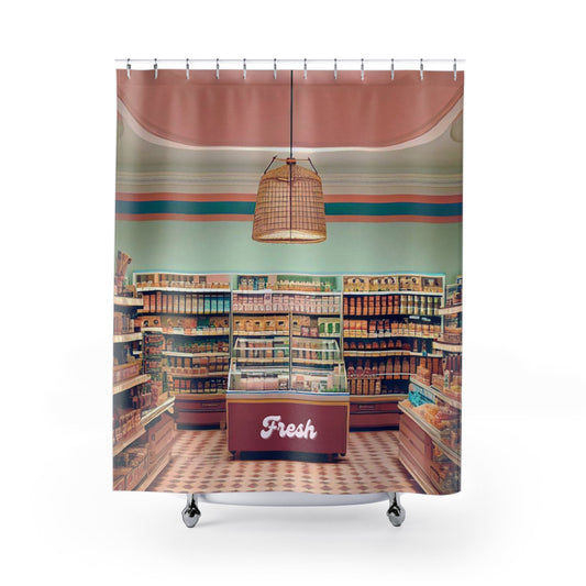 Supermarket Shower Curtains with a Vintage Flair: pink, teal retro grocery store interior, retro vintage illustration style