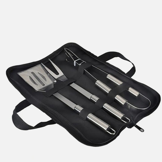Stainless Steel BBQ Utensil Set - 3 Piece: black, silver portable barbecue/grill utensil set in zippered carrying case, minim