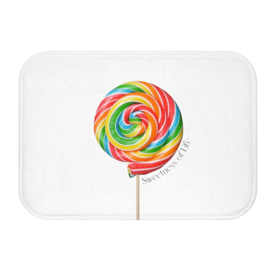 Sweetness of Life Bath Mat - White Message Design: white, red rainbow swirl lollipop, colorful cartoon style