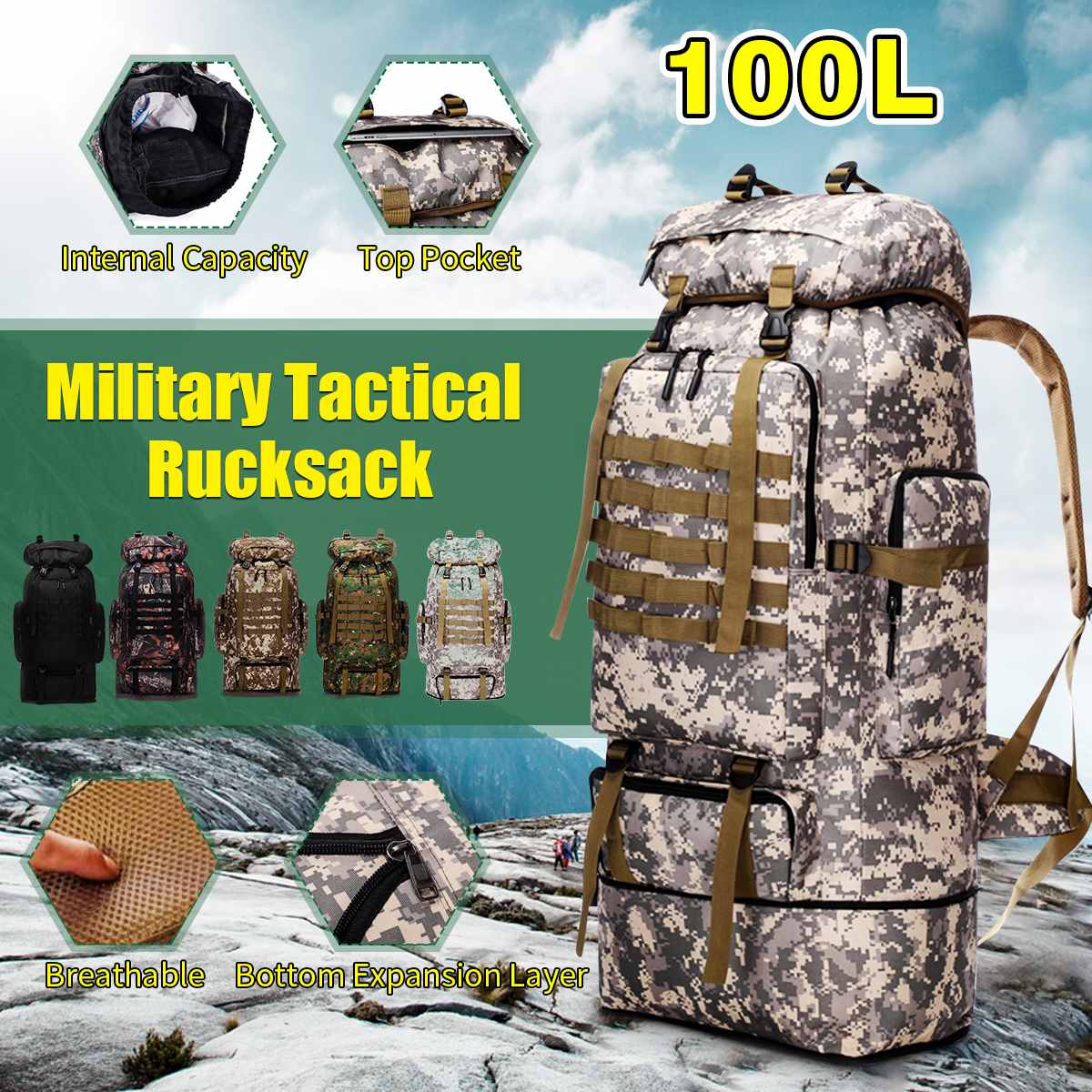 Large Capacity Waterproof Backpack for Outdoor Camping and Hiking (100L)