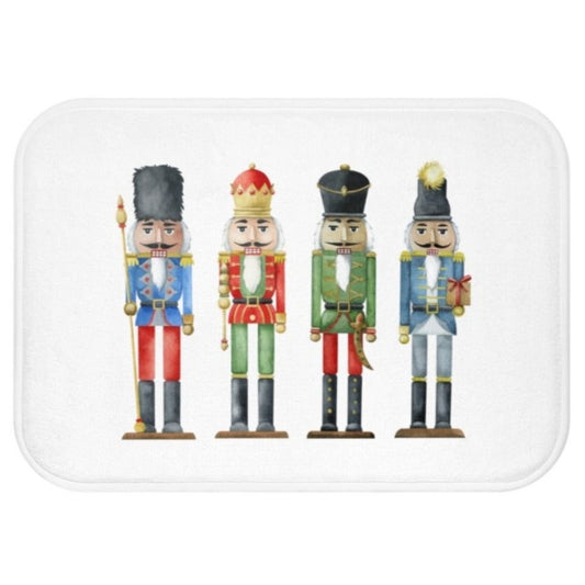 Nutcracker Toy Soldiers Bath Mat, Enhance Your Home Décor with Holiday Accents: white, blue four nutcracker soldiers, cartoon