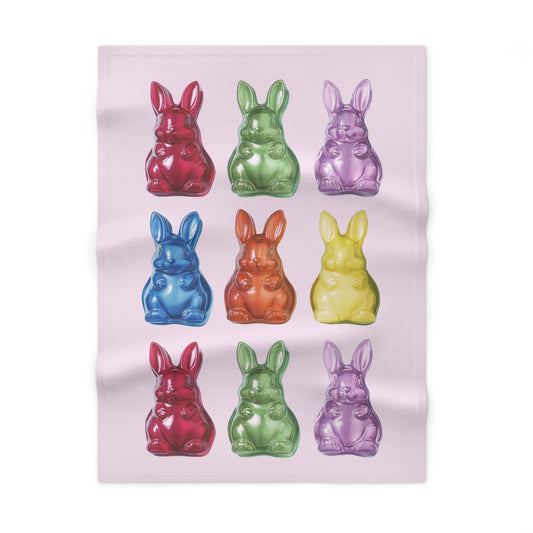 Soft Pink Fleece Baby Blanket with Bunny-Shaped Gummies: pale pink, red rabbits, cartoon-like glossy figurine illustration st