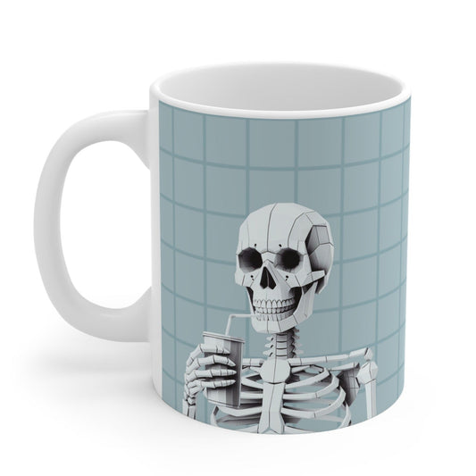 Blue Skeleton Mug - for sipping: white, light blue skeleton character, cartoon style