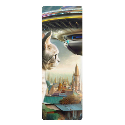 Encounter with Astrocat Yoga Mat: white, gray cat and small flying vehicle over a fantasy city, surreal fantasy illustration