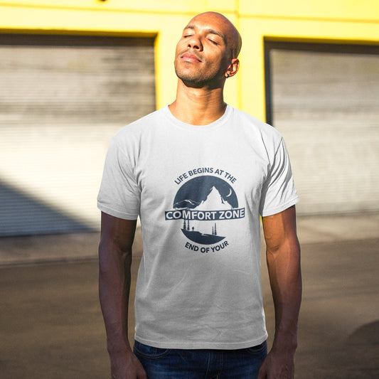Comfort Zone Men's T-Shirt: Find Your Ultimate Comfort: light gray, dark gray mountain-themed motivational graphic, casual gr