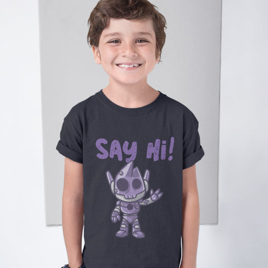 Boys' Greeting T-Shirt for Kids: black, purple cartoon robot character