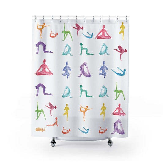 Sanctuary Shower Curtains for Yoga Practice: white, pink yoga poses, minimal watercolor illustration style