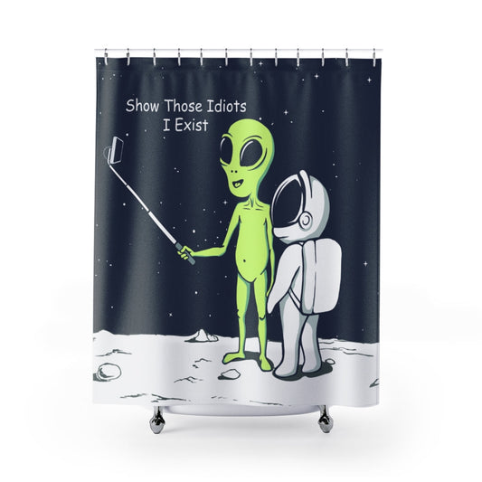 Exhibit Your Existence Alien Shower Curtains: dark navy, white green alien and astronaut on a moon-like surface, cartoon sci-