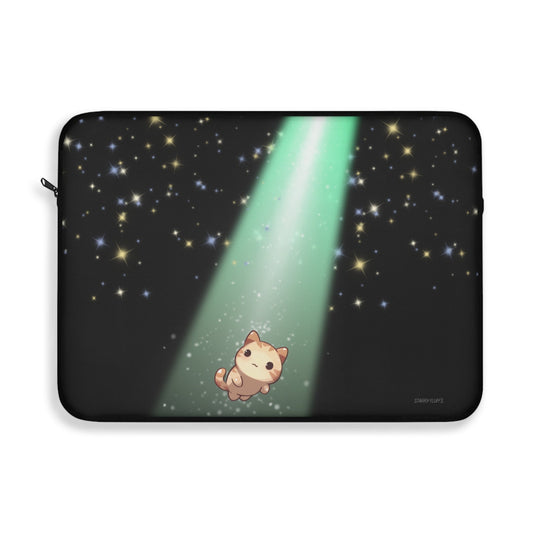 Cosmic Glow Laptop Cover by Starry Fluff: black, mint green cartoon cat under a starry sky, kawaii cartoon style