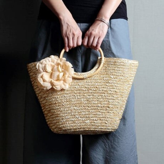 Coseey Floral Woven Straw Tote Bag: natural beige, cream handbag/tote bag, minimal, feminine, natural style