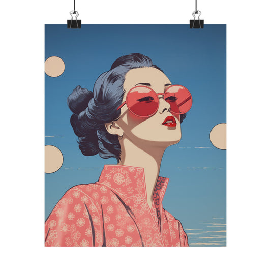 Sakura Blossom Pop Art Poster with a Kimono Vibe: blue, coral pink stylized woman wearing sunglasses, retro-inspired illustra