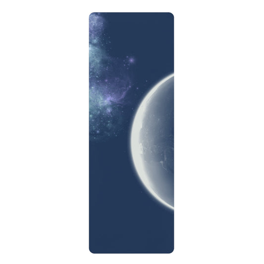 Earth Perspective Yoga Mat: dark navy blue, black space scene with a planet and stars, cosmic sci-fi illustration style