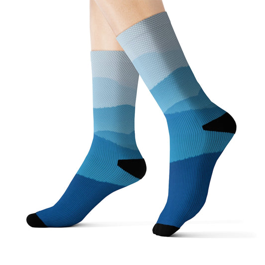 Blue Ridge Mountains Playful Quirky Socks: blue, light blue pair of crew socks, minimal sporty style