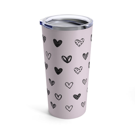 Cat Lover's Heart Tumbler, 20oz: pale pink, black heart pattern, minimal cartoon doodle style