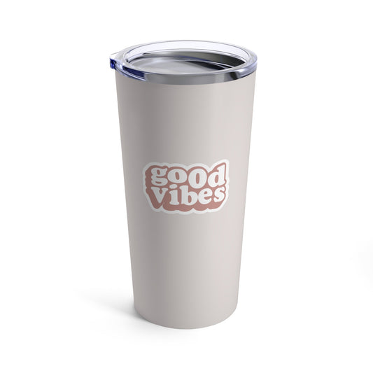 Pink Tumbler 20oz for Positive Energy: light beige, silver tumbler cup with lid, retro cartoon typography style