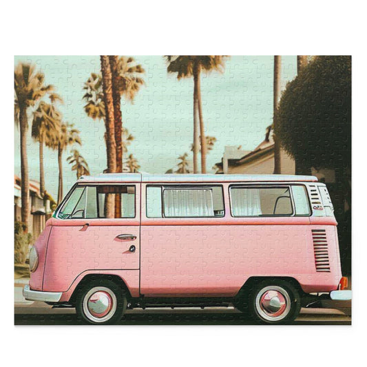 Neighborhood Retro Van 500-Piece Jigsaw Puzzle: pink, white pink vintage van with palm trees, retro photographic style