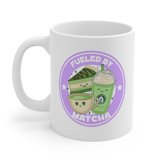 Matcha-Fueled Humor Mug: white, purple matcha-themed cartoon drink and dessert characters, kawaii cartoon style