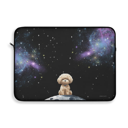 Pookie Galaxy Laptop Sleeve, Starry Fluff's Soft and Celestial Case for Laptops: black, purple small dog in outer space, cart