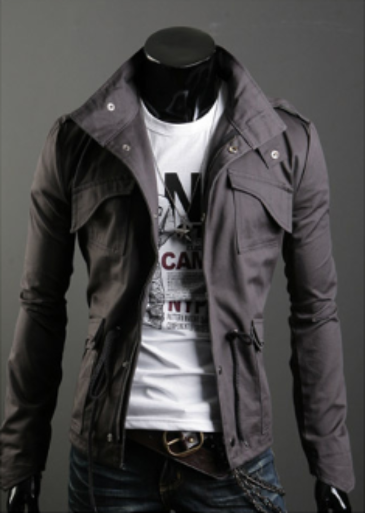 Green Short Parka with Stand-Up Collar for Men