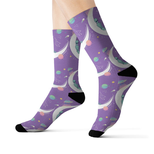 Chilling Alien Socks: purple, black space theme, cartoon style