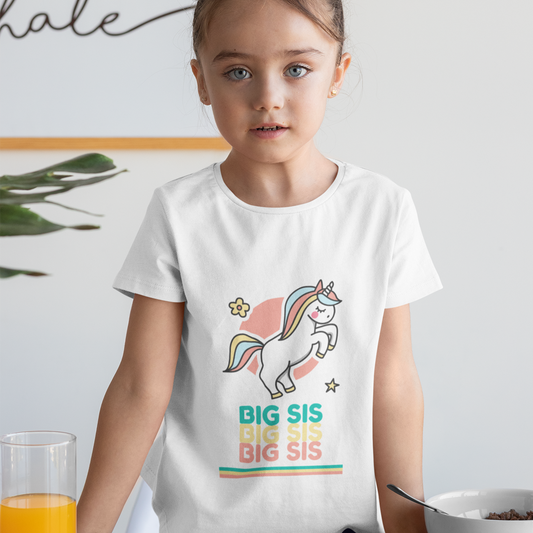 Big Sister T-Shirt for Children: white, teal unicorn, cartoon kawaii style