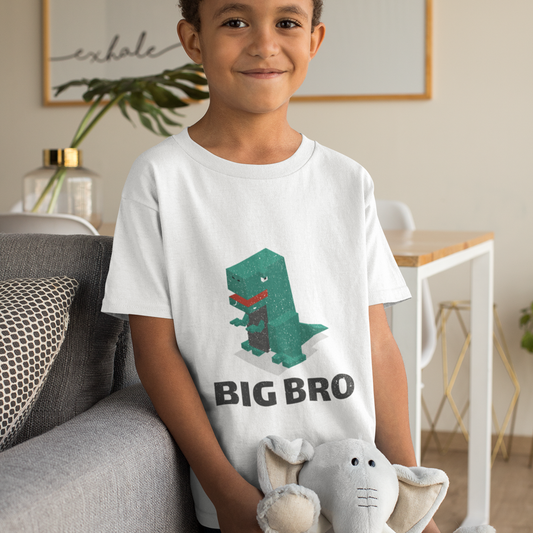 Big Brother T-Shirt for Children: white, green cartoon dinosaur