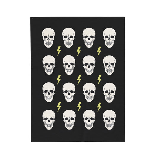 Plush Gothic Skeleton Throw Blanket: black, white skulls and lightning bolts, cartoon graphic style