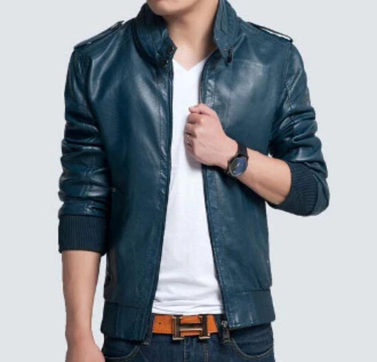 Blue Vegan Leather Men's Jacket: dark teal-blue, black jacket, minimal casual biker-inspired style