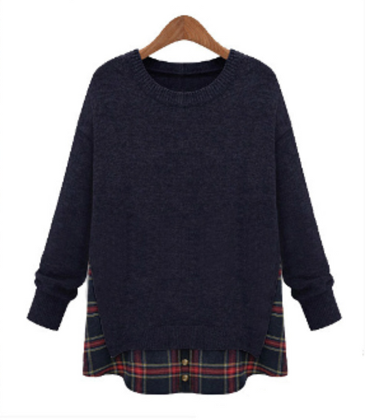 Layered Sweatshirt for Women: dark navy, red layered-look sweater top, casual layered-look style