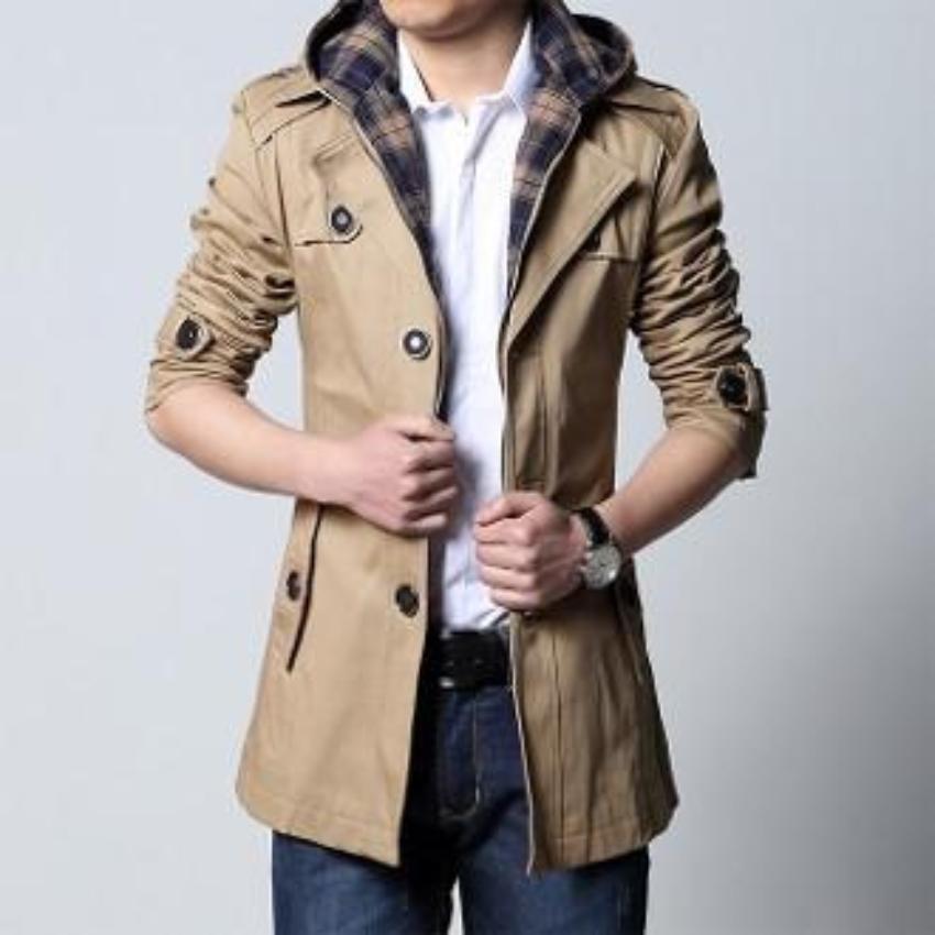 Detachable Hooded Beige Men's Trench Coat