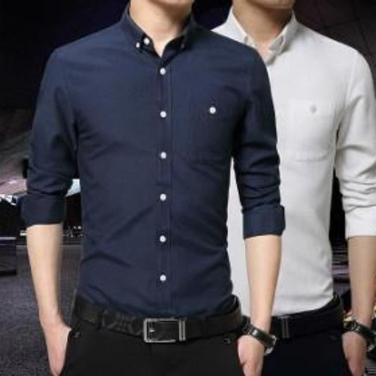 Classic Men's Shirt with Button Front: navy blue, white button-up shirts, minimal style