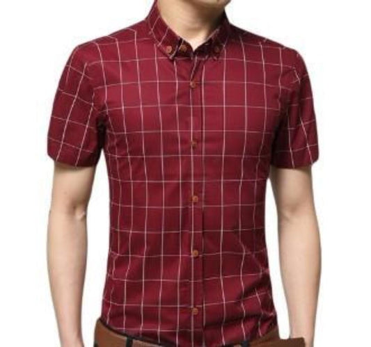 Checkered Red Mens Short Sleeve Button-Up Shirt: dark red, white short-sleeve button-up shirt, casual style