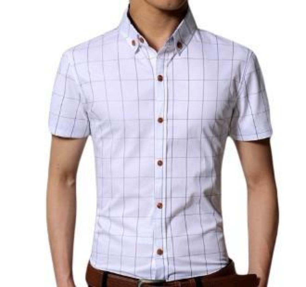 Navy Checkered Short Sleeve Button-Up Shirt for Men