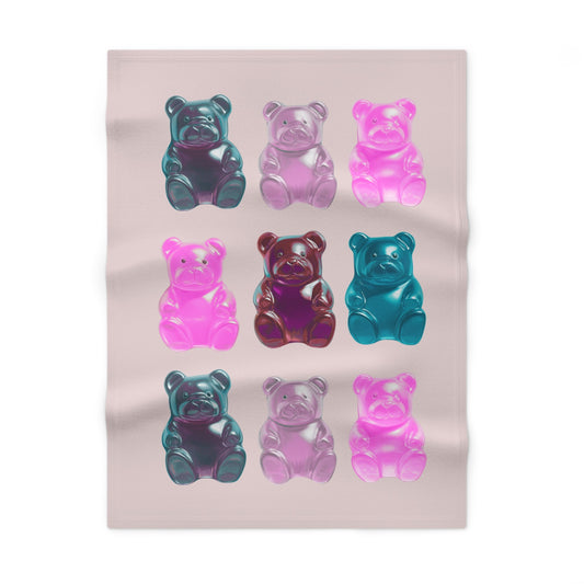 Pink Fleece Baby Blanket for Soft Gummy Bear Comfort: pale pink, teal bear characters, kawaii style