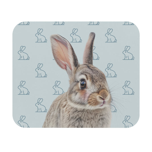 Rose Bunny Desk Mat: light blue, gray rabbit, realistic animal portrait with cartoon-pattern background style