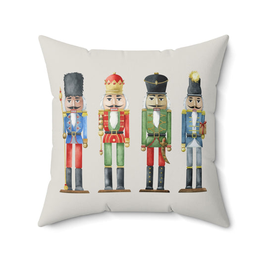 Faux Suede Holiday Nutcracker Toy Soldiers Pillow: off-white, blue four nutcracker soldier characters, cartoon holiday illust
