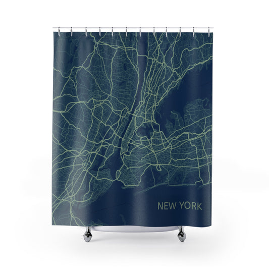 Shower Curtain Featuring a Map of New York City: dark navy blue, muted green New York city map, minimal, cartographic style