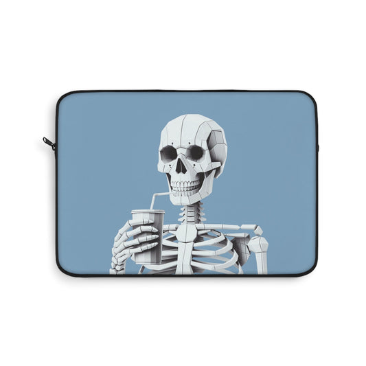 Skeletal Sipster Laptop Cover: blue, white skeleton drinking through a straw, cartoon illustration style