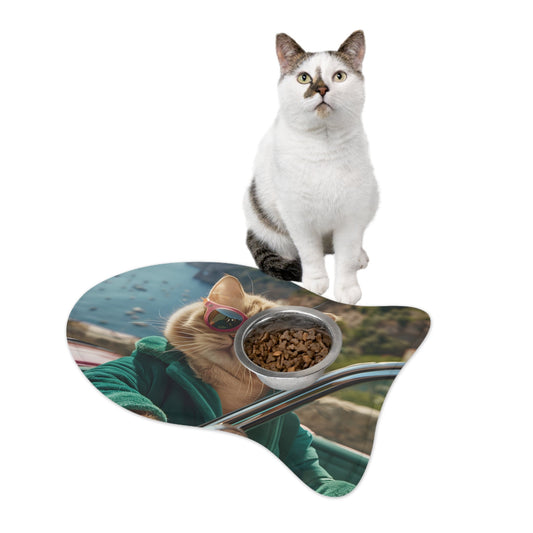 Sunglass-Wearing Feline Pet Food Mats - Available in 3 Sizes: teal, green cat, humorous photo print style