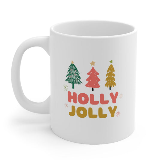 Festive Holiday Mug: white, green Christmas holiday theme, cartoon, festive, retro-inspired style