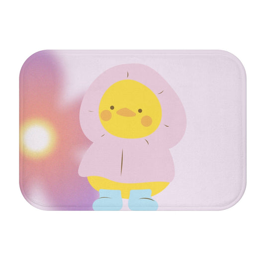 Cute Infant Duck in Rain Outfit Bath Rug: light pink, yellow cartoon chick character, kawaii cartoon style