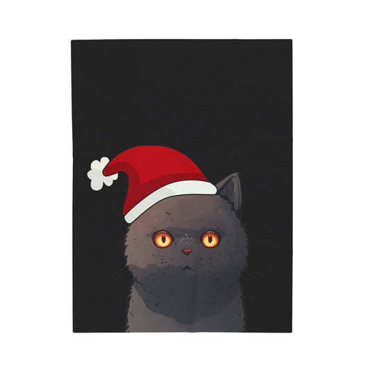 Black Cat Plush Throw Blanket for the Holiday Season: black, dark gray gray cat wearing a Santa hat, cartoon style