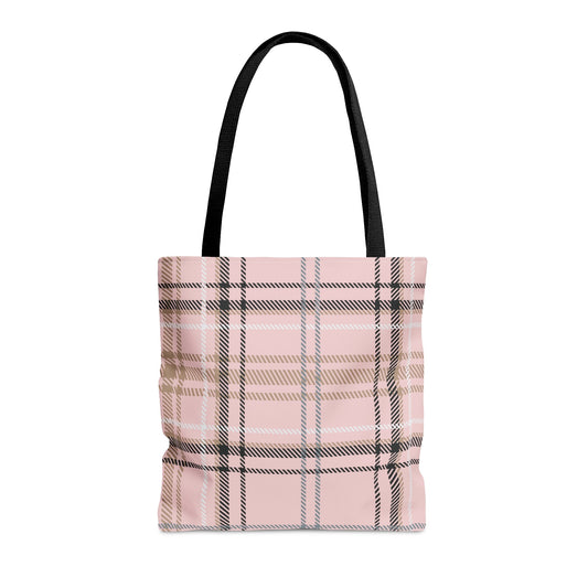 Plaid Pink Tote Bag: light pink, black tote bag, minimal plaid style