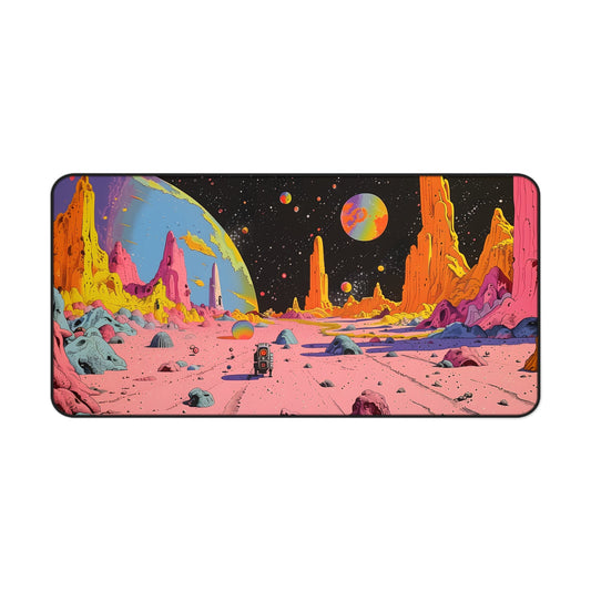 Large Retro Space Robo Mouse Pad, Available in 2 Sizes: pink, orange colorful alien planet landscape with a small astronaut/r